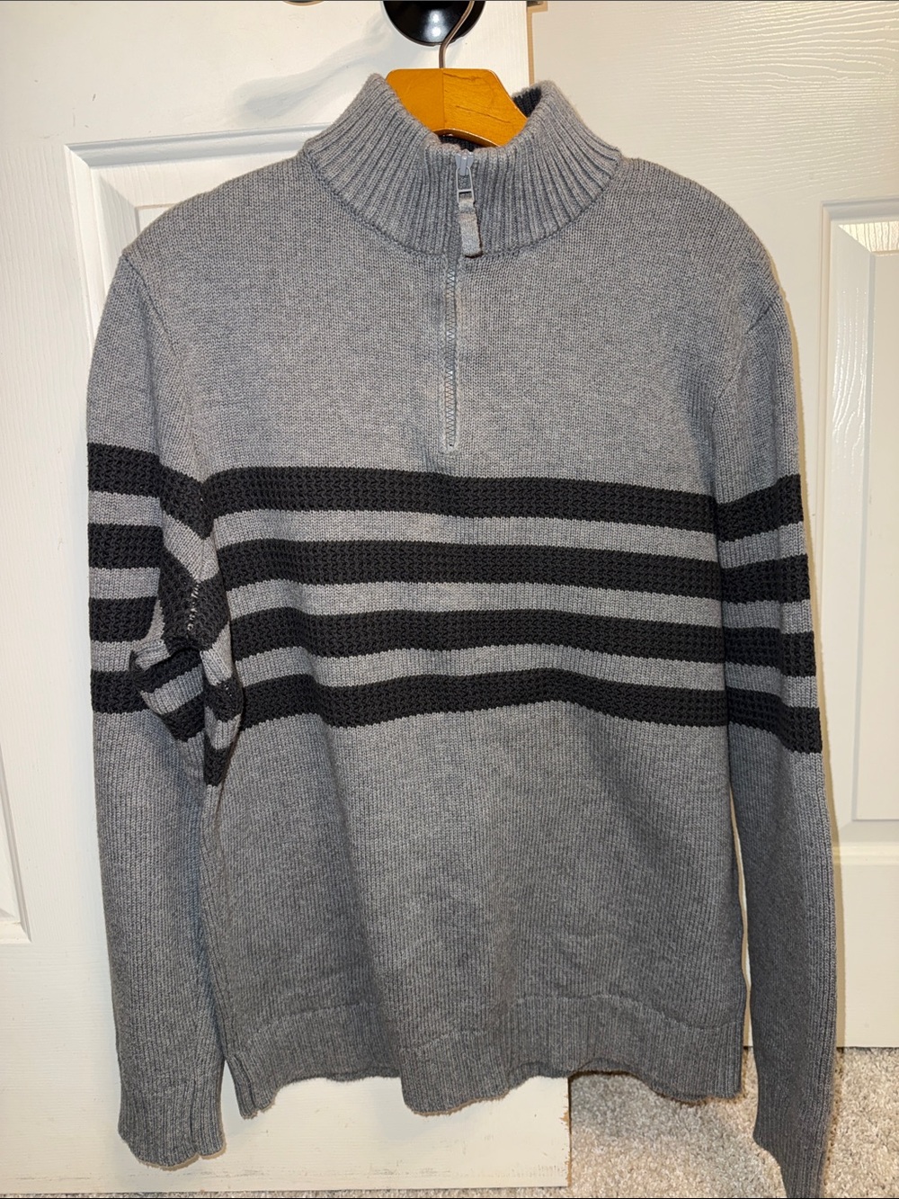 Tahari Gray Knit Quarter-Zip Sweater with Black Stripes